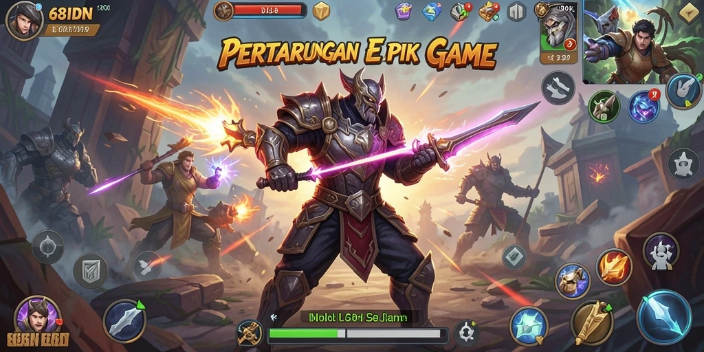 Gameplay 68IDN menampilkan pertarungan epik dan karakter yang kaya.