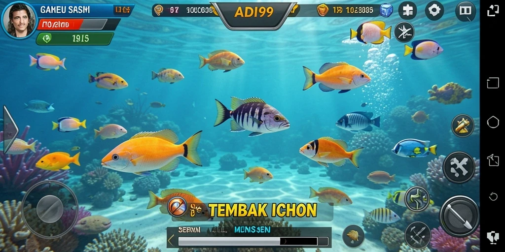 Screenshot utama ADI99 menampilkan aksi seru dalam memburu ikan besar.