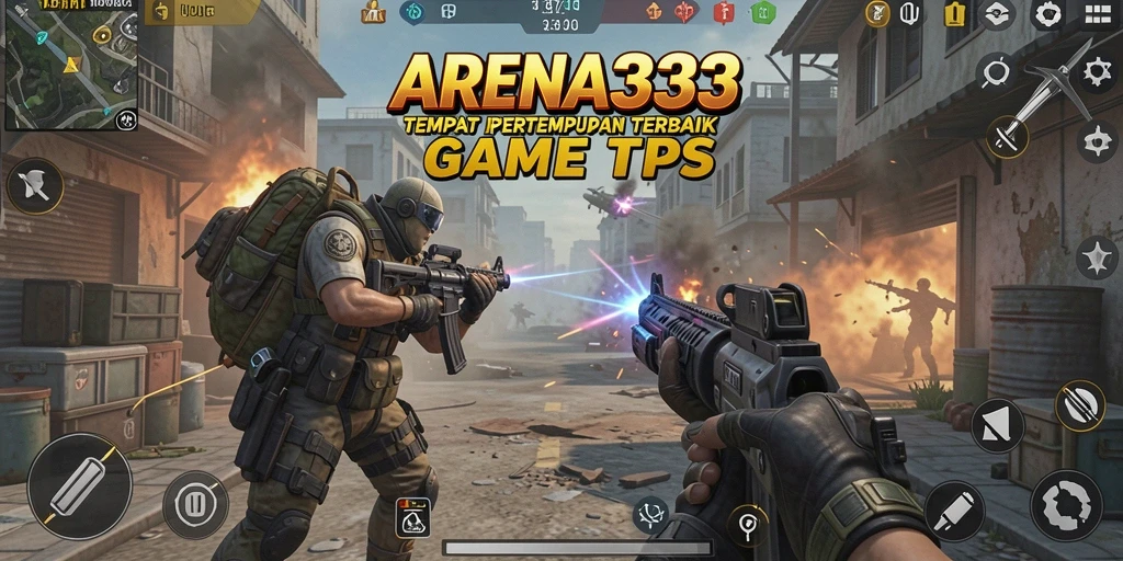 Screenshot utama ARENA333 menampilkan aksi pertempuran intens dalam gameplay TPS.
