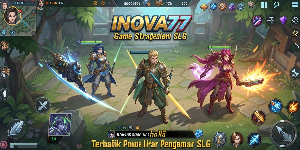 Screenshot gameplay INOVA77 yang menampilkan pertempuran strategis dan pembangunan kerajaan.