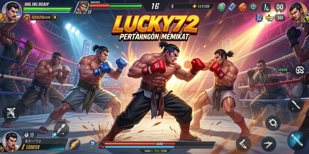 Screenshot utama LUCKY72 menampilkan pertarungan epik antara karakter di arena.