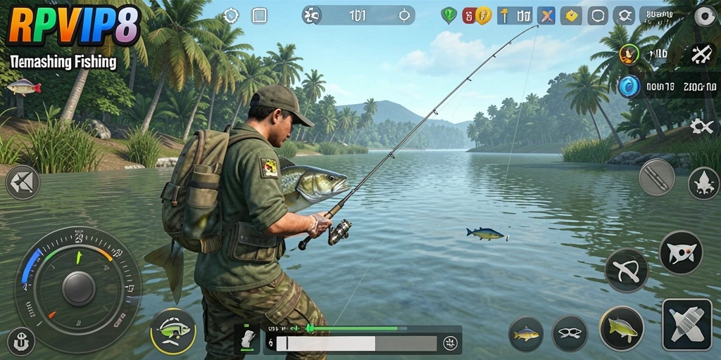 Tampilan gameplay RPVIP8 yang menarik saat memancing ikan besar.