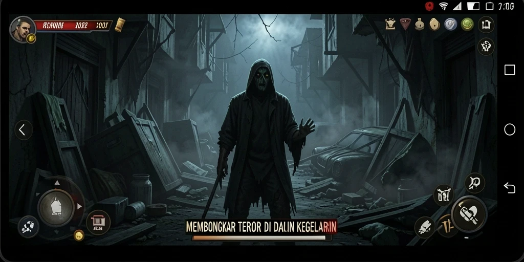 Screenshot V07 menampilkan momen menegangkan di kegelapan.